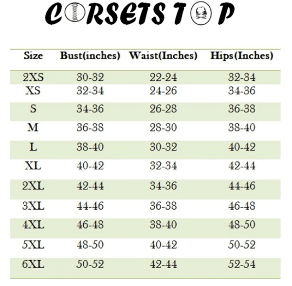 Corset size chart