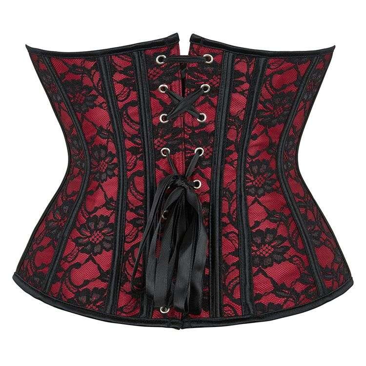 Red Lace-Up Boned Jacquard Brocade Waist Training Underbust Corset corsetstop.com