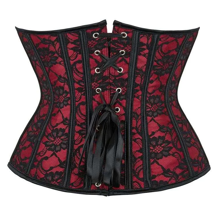 Red Lace-Up Boned Jacquard Brocade Waist Training Underbust Corset corsetstop.com