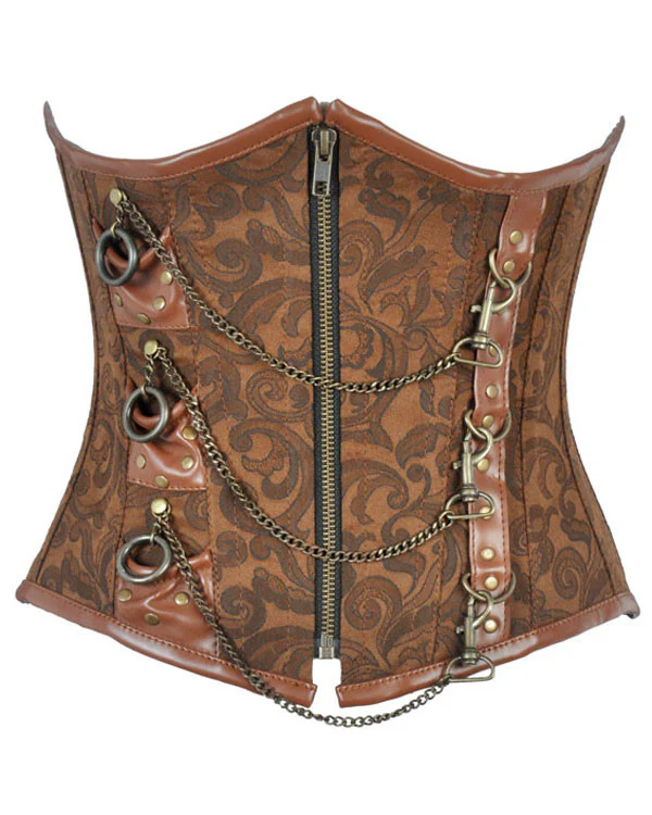 Brown Brocade and Leather Steampunk Corset With Zipper