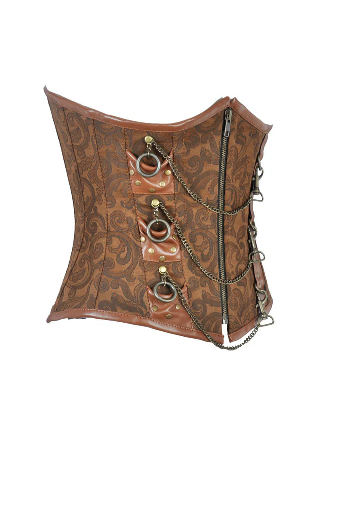 Brown Brocade and Leather Steampunk Corset With Zipper