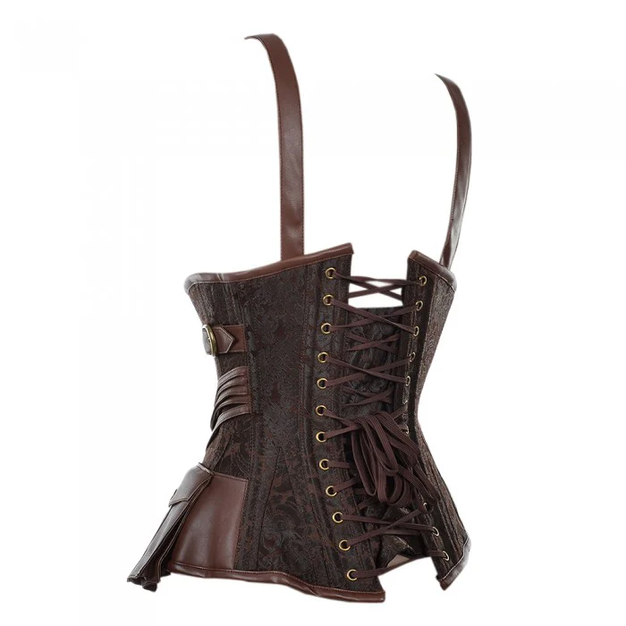 Brocade And Leather Steampunk Underbust Corset with Straps