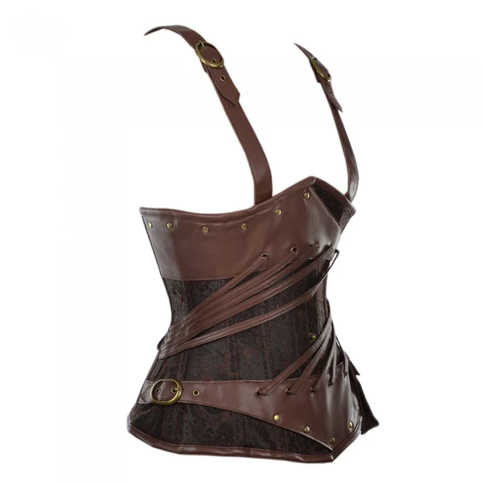 Brocade And Leather Steampunk Underbust Corset with Straps