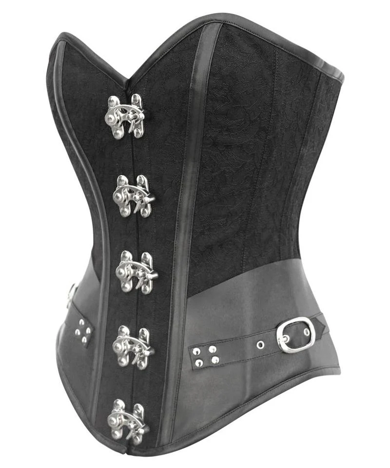 Black Brocade and Leather Steampunk Corset with Curved Hem