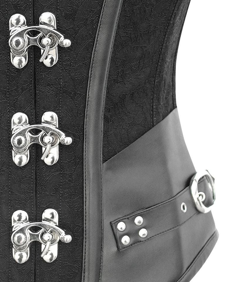 Black Brocade and Leather Steampunk Corset with Curved Hem