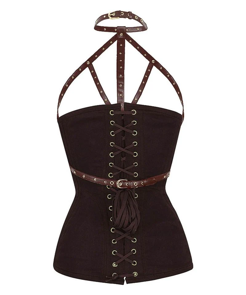Brown Cotton Overbust Steampunk Corset With Neck Gear
