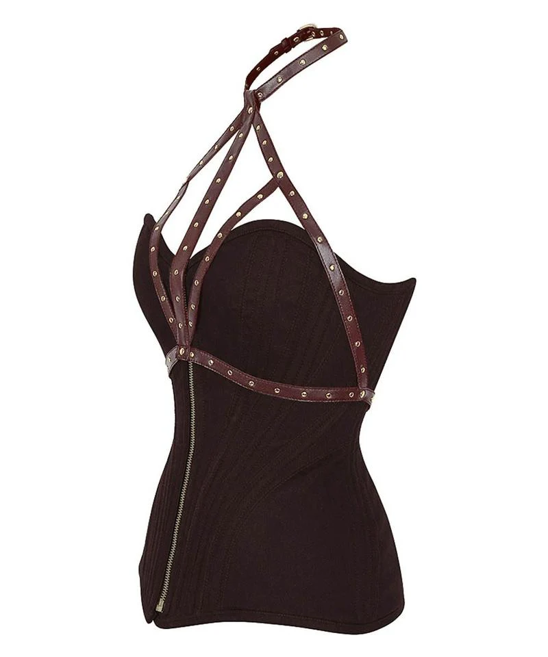 Brown Cotton Overbust Steampunk Corset With Neck Gear