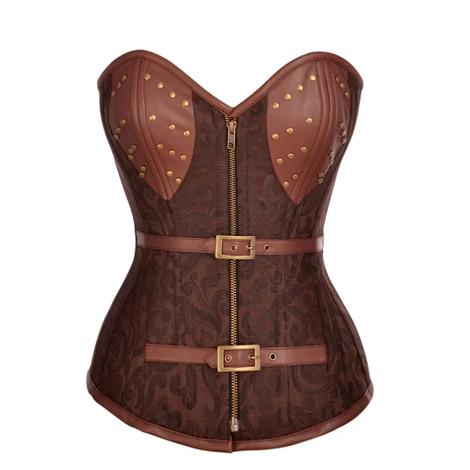 Brown Steampunk Overbust Corset Top with Buckle