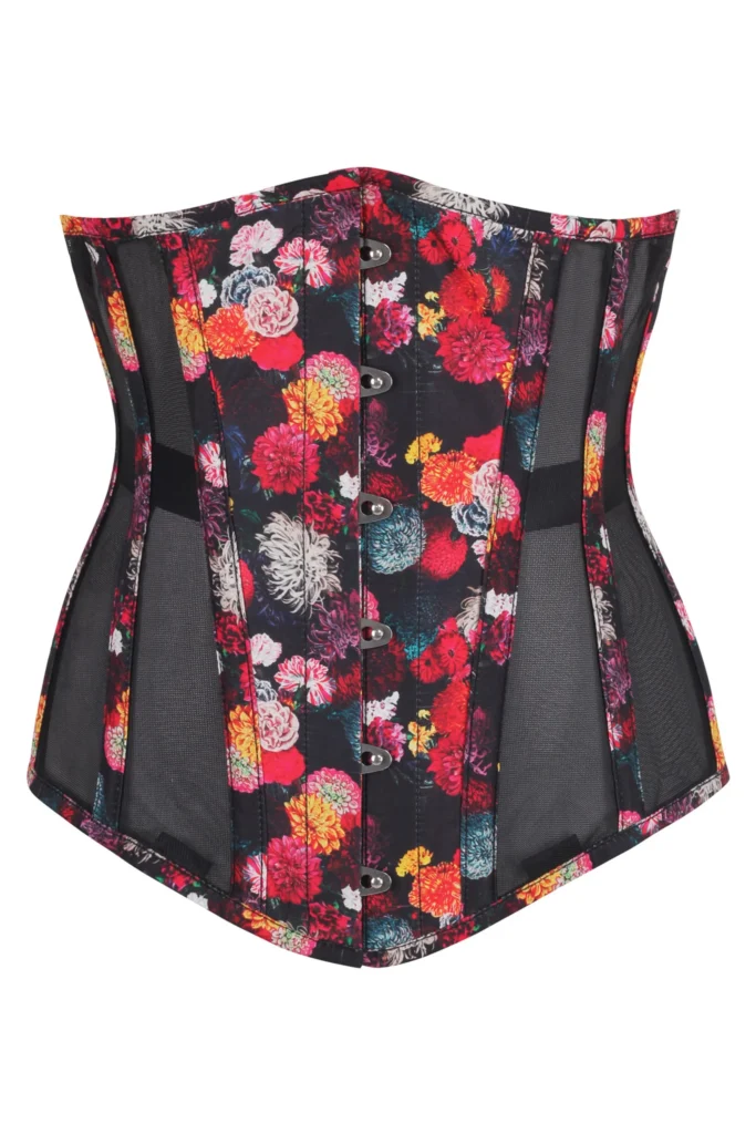 Floral Print Longline Underbust Corset with Mesh Panels