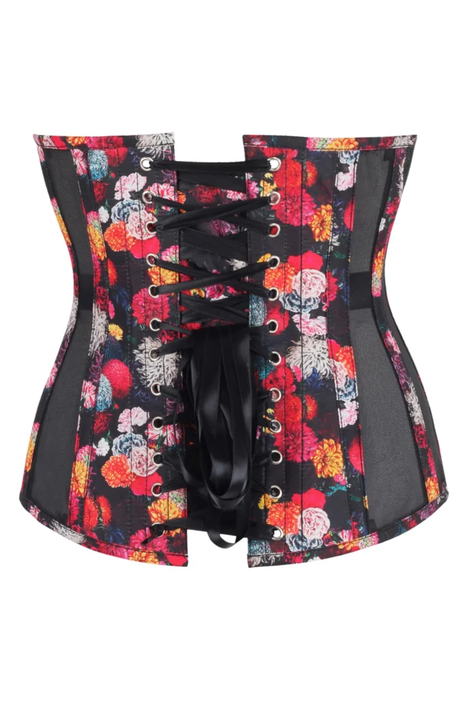 Floral Print Longline Underbust Corset with Mesh Panels