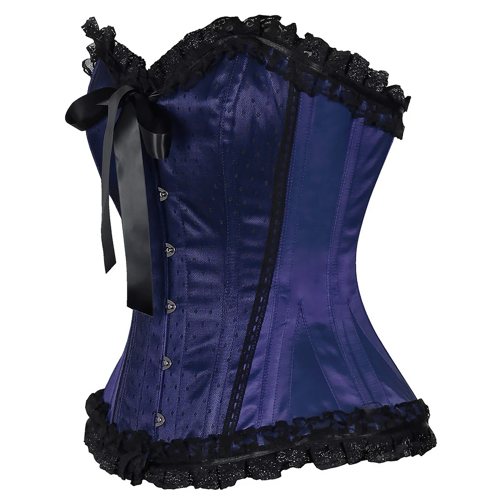 Blue Satin Black Lace Overlay Burlesque Overbust Corset